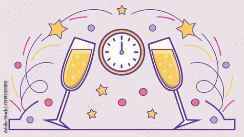 Happy New Year Celebration: Festive Flat-Design Illustration Featuring Two Champagne Flutes, a Midnight Clock, and Colorful Confetti, Ideal for Holiday Greetings and Party Invitations.