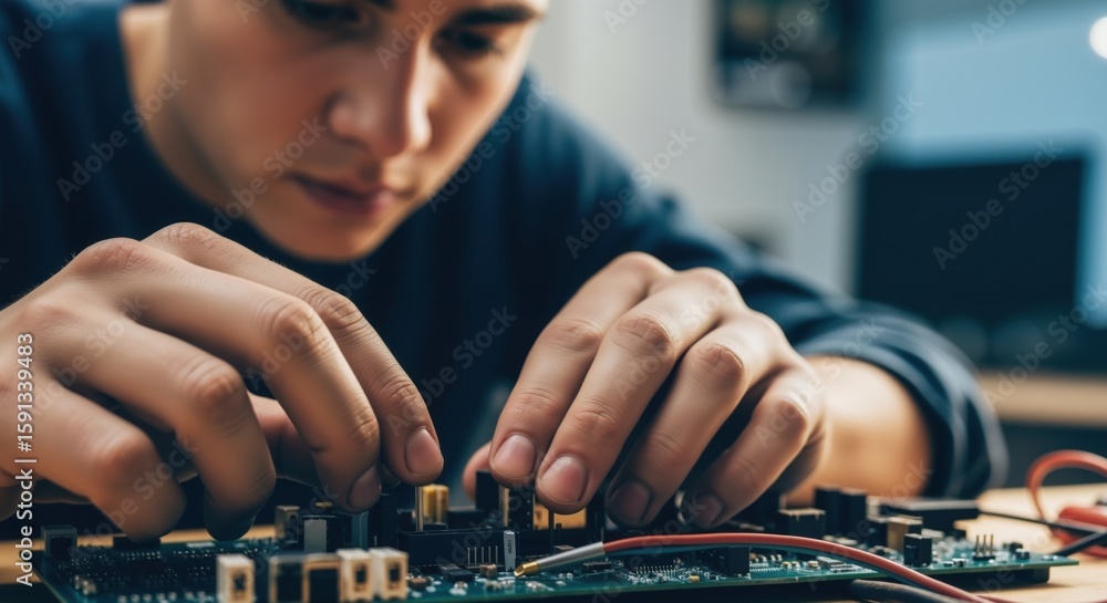 Fototapeta premium Close up of a young man working on a circuit board, a student learning electronics, for International Youth Day.