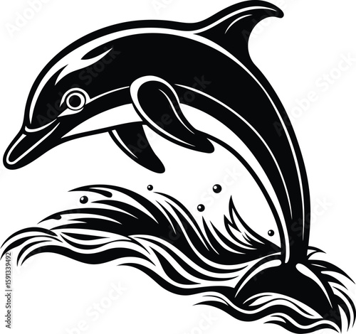 Leaping dolphin breaching through stylized waves vector