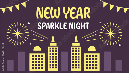 Joyful New Year's Eve city skyline illustration featuring fireworks, celebratory bunting, and a minimalist, modern design aesthetic conveying a festive and sparkling mood.
