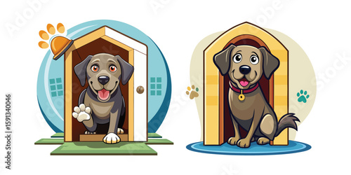 Funny Vector Labrador Stuck Halfway in Doggy Door with Flailing Paws, Playful Dog Illustration, Cute Pet Vector Art for Kids, Humor, and Animal Designs