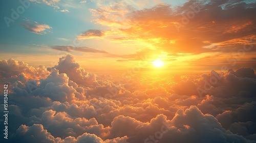 Golden sun shining over fluffy clouds creating a dreamy, warm atmosphere above