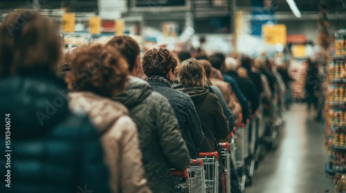 Long Queue of People Waiting in Grocery Store Line with Shopping Carts in Indoor Market