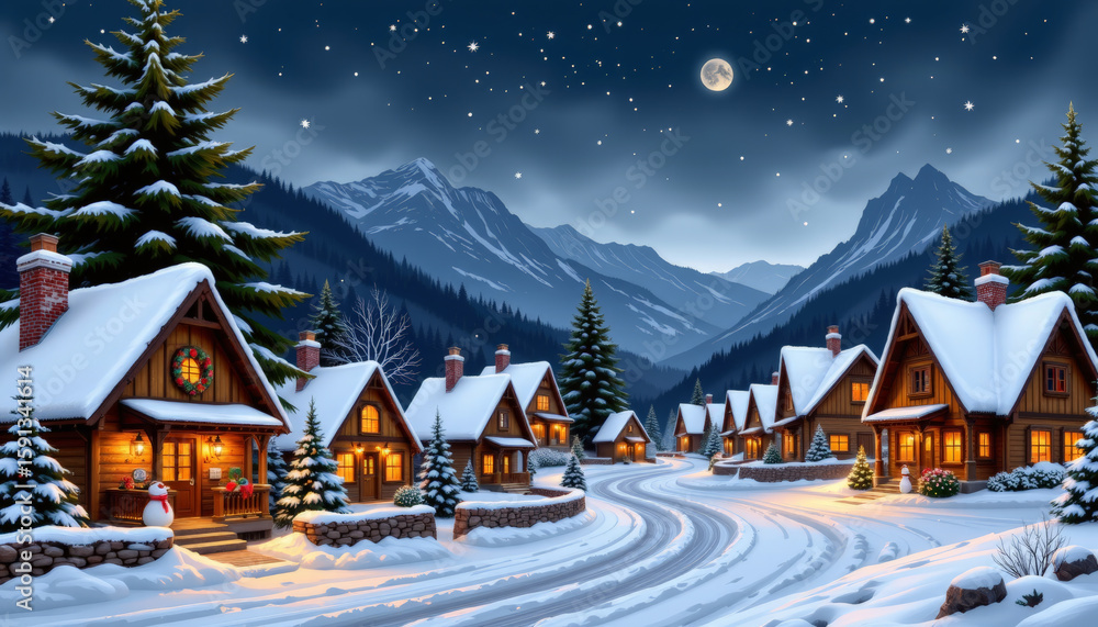 Fototapeta premium Painting and poster holiday village wallpaper art, Winter wonderland scene snowy village digital art mountainous landscape nighttime view holiday spirit