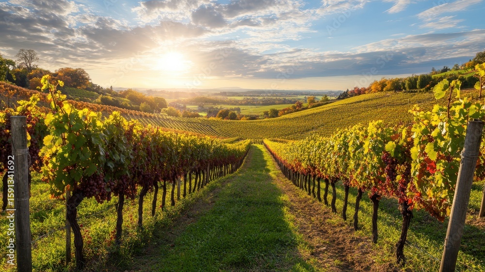 Naklejka premium Expansive vineyard landscape at golden hour.