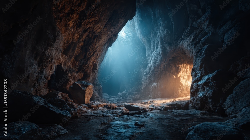 Fototapeta premium Sunlight illuminates a stone cave's entrance, with a rocky floor. Ideal for fantasy, exploration, or mystery-themed designs.