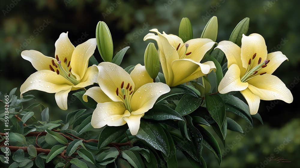Obraz premium Elegant Yellow Lilies Blossom with Dew on Green Foliage in Soft Natural Background