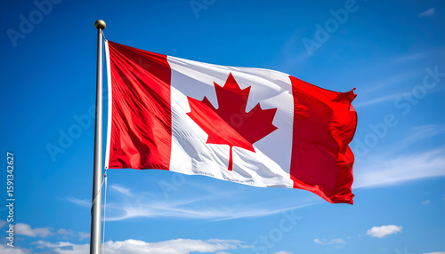 Canadian Flag Waving in a Blue Sky