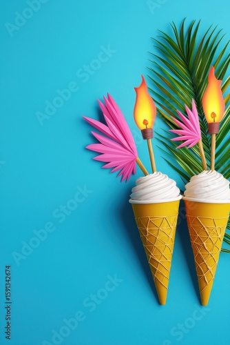 Colorful ice cream cones decorated with tropical elements.