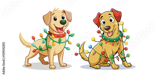 Cute Labrador tangled in colorful Christmas lights with wagging tail, festive holiday vector cartoon illustration, perfect for seasonal designs, greeting cards, and pet-themed Christmas projects.
