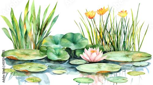 Watercolor illustration of water lily pond with lotus flower and green leaves