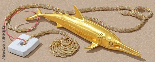 Golden marlin sculpture with rope and fishing gear for decoration.