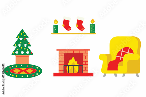 Cozy Christmas interior bundle with fireplace, stockings, cozy chair, holiday rug, candles, and holiday window scene