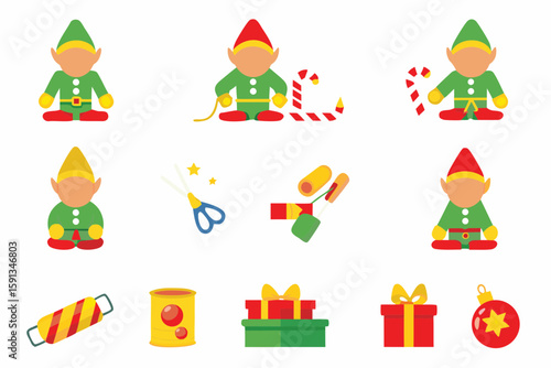 Elf workshop bundle with toy-making elves, candy canes, tools, gifts, wooden toys, and workshop decor