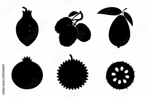 Exotic fruit silhouettes bundle with dragon fruit, passion fruit, starfruit, lychee, rambutan, and guava shapes