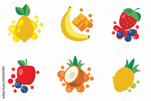 Juicy fruit smoothie ingredients: banana, mango, pineapple, strawberries, blueberries, raspberries, and coconut pieces with juice drops
