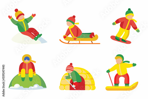 Winter outdoor fun bundle with sledding kids, snowball fights, snow angels, ski gear, and snow forts