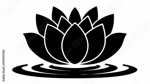 Stylized black lotus flower with multiple petals sitting on water with visible ripples around it
