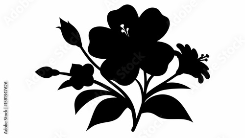 Black silhouette of a floral arrangement with blooming flowers and unopened buds on white background