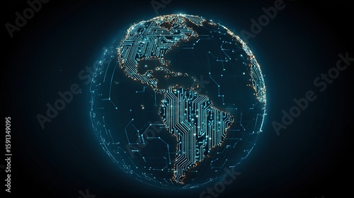 Fototapeta Naklejka Na Ścianę i Meble -  Neon circuit network around planet Earth
