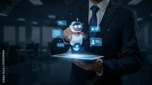 Businessman interacts with futuristic AI chatbot interface on a tablet