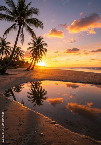 Tropical sunset paradise beach with palm trees, turquoise ocean, and sunny sky perfect for a summer vacation, turquoise ocean, and sunny sky perfect for a summer vacation