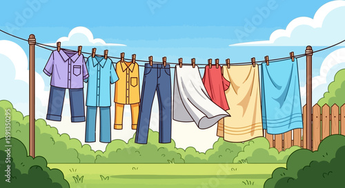 Colorful Clothes Hanging on a Clothesline in a Sunny Backyard Scene