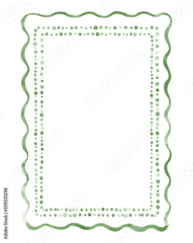 Watercolor frame with green wavy lines and dropps.