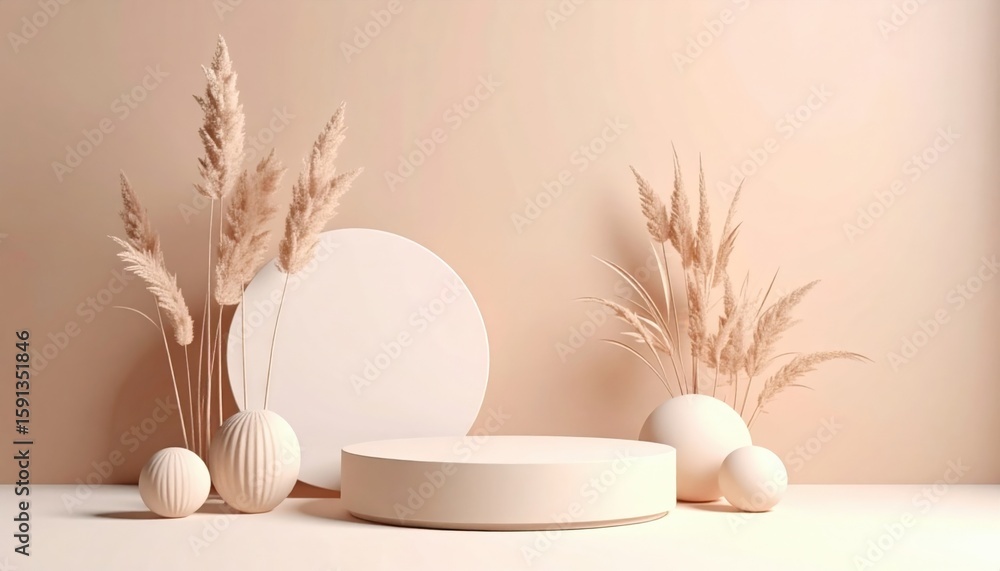 Fototapeta premium Elegant minimalist display with neutral tones indoor studio product photography soft lighting contemporary design