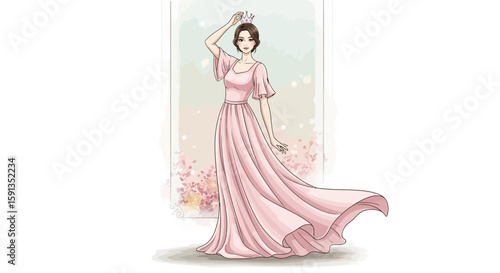 Elegant woman in flowing pink gown and crown, watercolor style illustration
