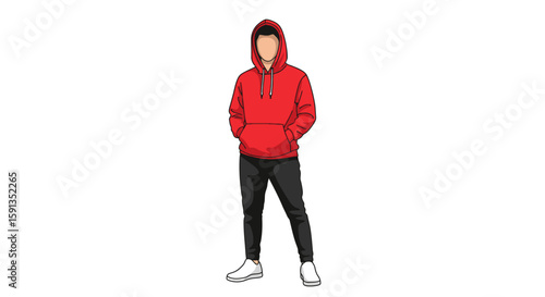 Faceless Cartoon Figure in Red Hoodie and Black Pants Standing Straight