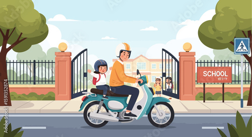 Father and Daughter on Scooter Near School Gates