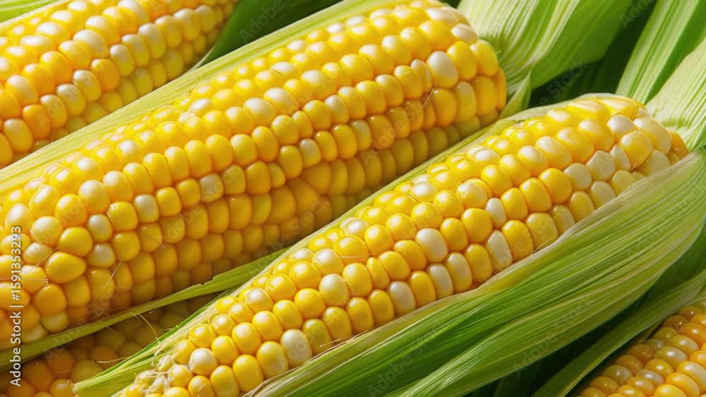 Fresh corn on the cob in a close-up shot Fresh corn on the cob in a close-up shot