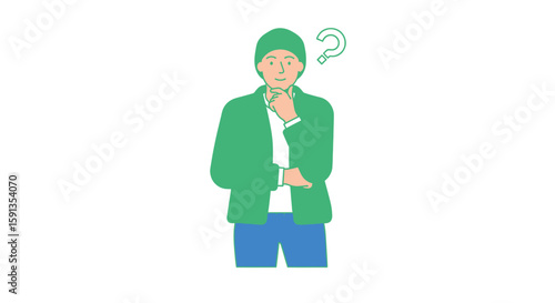 Green-clad Figure Pondering with Question Mark Symbol Above Head
