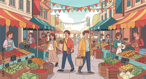 Festive Street Market Scene with Shoppers and Abundant Produce
