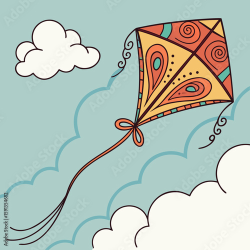 A person flying a kite in a blue sky with white clouds and the kite has yellow and orange stripes design
