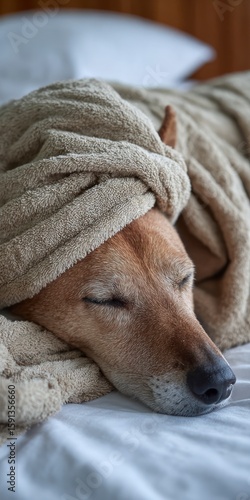 Relaxing brown dog sleeping on a bed wrapped in a soft towel canine pet