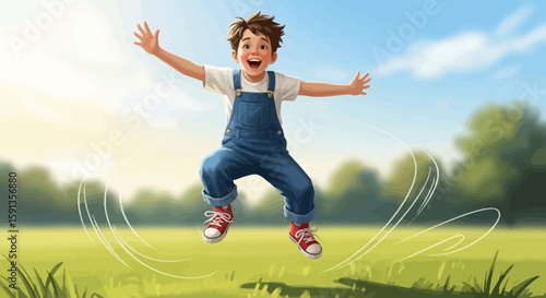Joyful Boy Leaping in Overalls, Expressing Pure Happiness Outdoors.