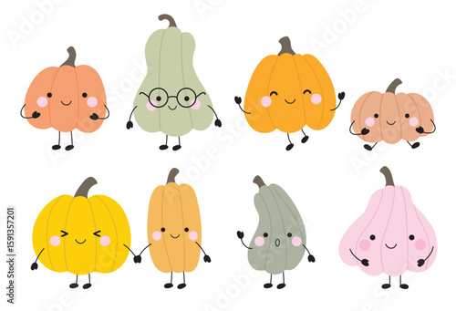 Cute Pumpkin Characters with faces, arms, and legs vector illustration clip art. Set of adorable Thanksgiving pastel pumpkin stick figure cartoon.