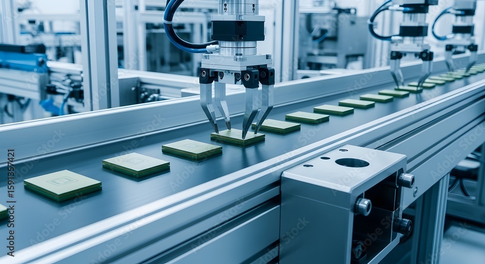 Fototapeta premium Conveyor belt and printing press machinery inside an industrial factory setting