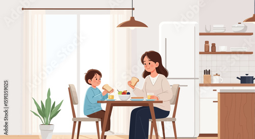 Mother and Son Enjoying a Peaceful Breakfast Together