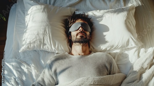 Man sleeping soundly in bed wearing a sleep mask, sunlight streaming through window.