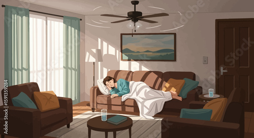 Peaceful Afternoon Nap: Woman Asleep on Sofa in Sunlit Living Room