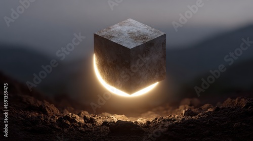 Wallpaper Mural Textured gray cube floats above rough ground illuminated by a glowing yellow crescent Torontodigital.ca