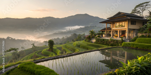 Rice terraces villa bali indonesia travel destination luxury resort nature landscape vacation getaway scenic view