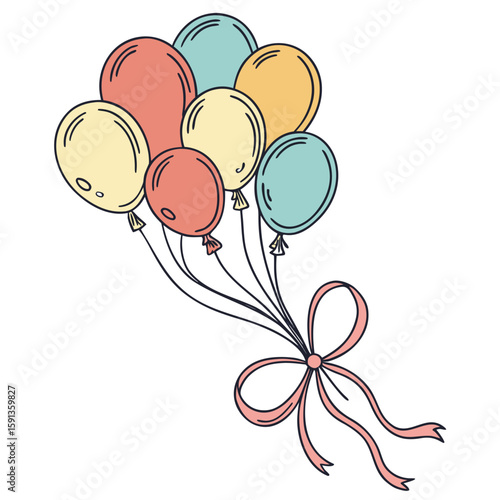 Illustration of a bunch of colorful balloons tied together with a pink ribbon bow on a white background