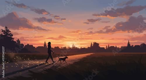 Silhouette of a person walking a dog at sunset with a cityscape backdrop