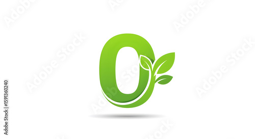 Green Number Zero with Leaves on White Background