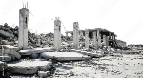 Valokuva Collapsed concrete building ruins with exposed rebar and debris isolate