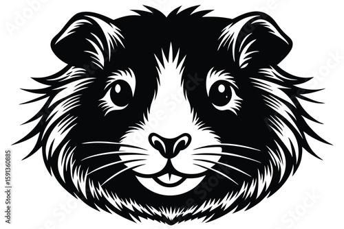 A cute guinea pig face stares directly at the viewer in a monochrome portrait